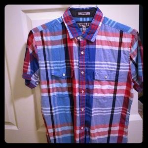 Express (Fitted) Medium bright plaid dress shirt.